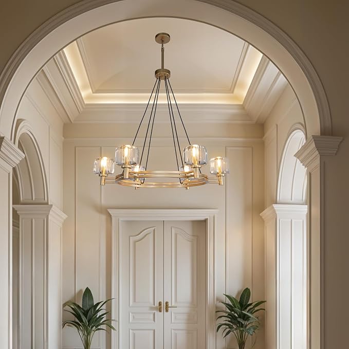 Modern Round Crystal Chandelier, 36in Large Gold Farmhouse Chandeliers for Dining Room, Light Fixtures Over Table, 6-Light Pendant Lighting Fixture for Living Room Bedroom Kitchen Island