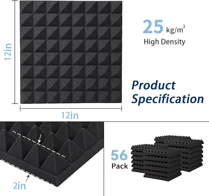 56 Pack Soundproof Wall Panels, 2" X 12" X 12" Self-Adhesive Pyramid Acoustic Foam, High Density Acoustic Panels for Home Studio, Quick-Recovery Sound Proof Panels for Walls, Black