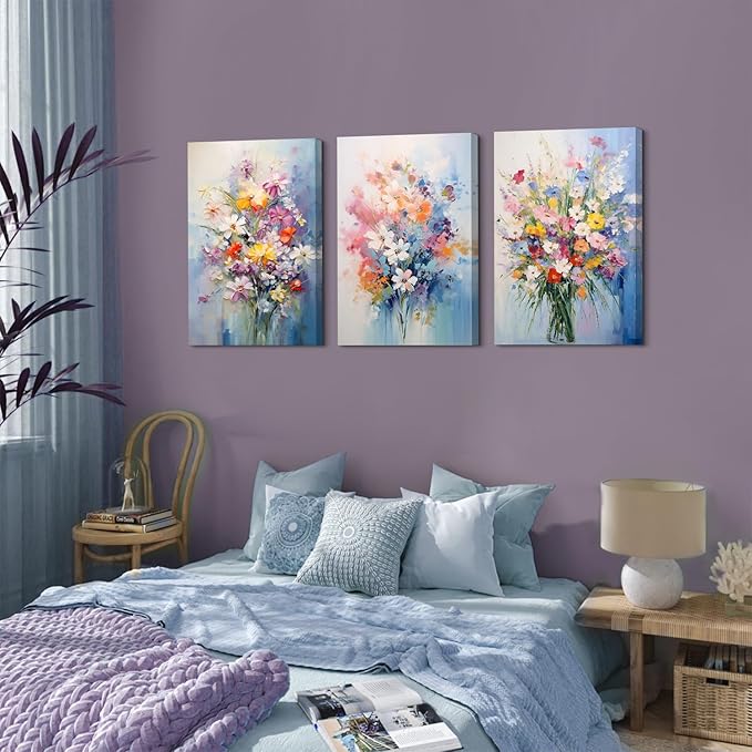 Colorful Flower Canvas Wall Art Daisy Poppy Wall Decor for Bedroom Living Room Abstract Floral Bouquet Pictures Prints Nature Wildflower Posters Modern Artwork Bathroom Home Decorations 24x36” 3 Piece