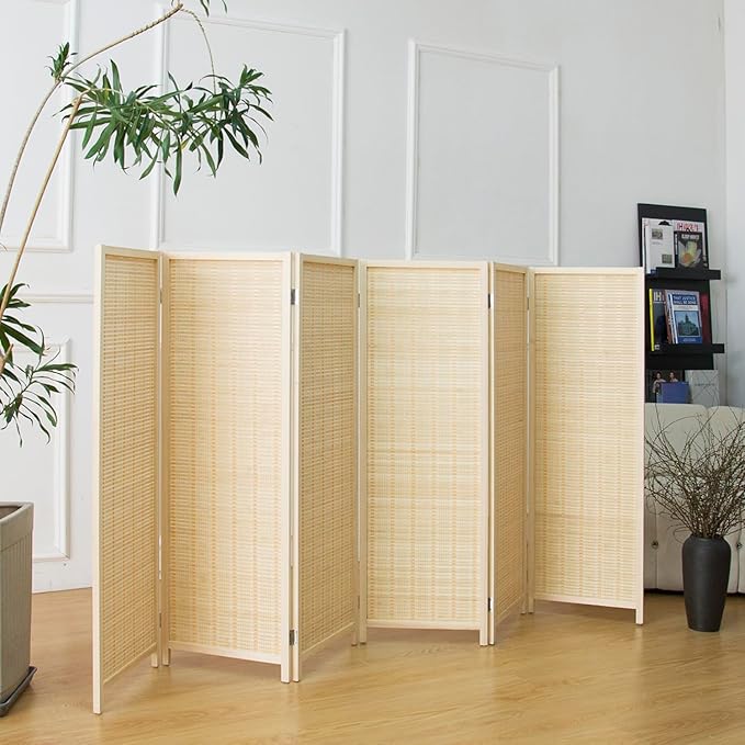 6 Panel Room Divider Short Folding Screen Divider,Double Sided Bamboo Panel Divider for Room Separation,Beige,47.2" H x 92.1" W