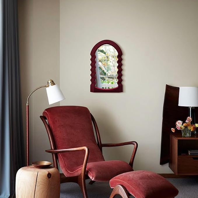 Mirror Wall Decor for Home Office Apartment, Colorful Decorative Mirror for Entryway Porch Fireplace, Irregular Hanging Wall Art Sculpture for Christmas (Wine Red)