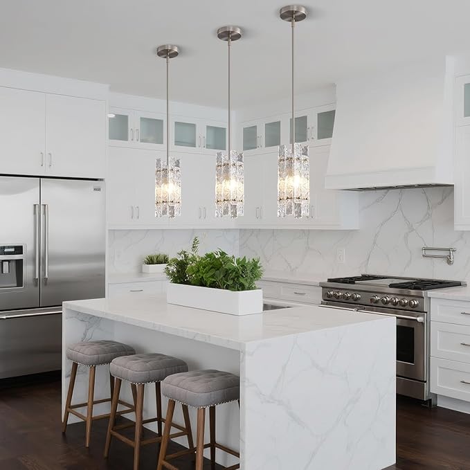 Modern Crystal Pendant Light for Kitchen Island, Brushed Nickel Luxury Mini Water Ripple Glass Chandelier Lights Fixture, Square Adjustable Hanging Pendant Lighting for Dining Room Bedroom (3-Pack)