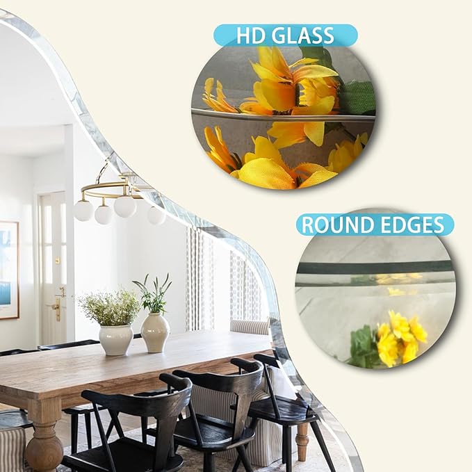 36 x 24 Inch Asymmetrical Cloud Mirror, Modern Irregular Wavy Wall Mirror, Beveled Edge Frameless Mirror for Living Room, Bathroom, Bedroom, Entryway