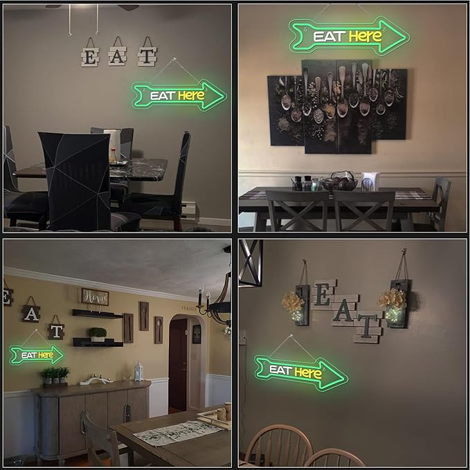 Looklight Arrow Neon Sign Eat Here Neon Lights for Wall Decor Green Led Lights for Home Kitchen Fast Food Restaurant Bar Party Cafe Coffee Diner Decor Food Truck Pizza Shop Decorations
