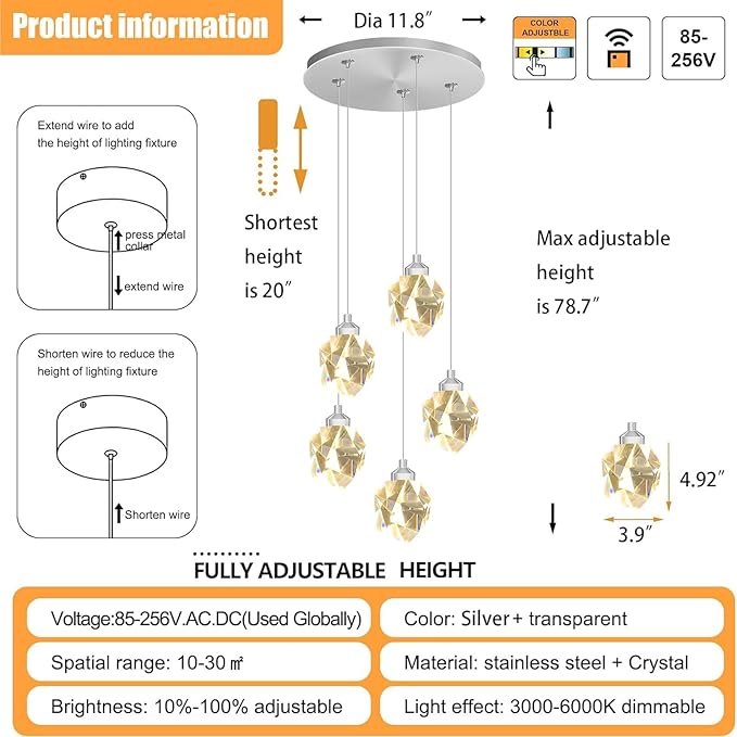 Modern LED Chrome Crystal Raindrop Chandeliers Adjustable Pendant Light for Kitchen Island 5-Light Dining Room Light Fixtures Over Table Dimmable 3000K-6000K