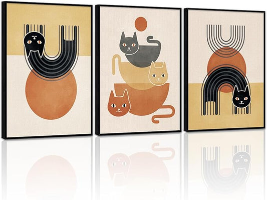 LHIUEM Boho Cats Wall Decor Black Cat Vintage Canvas Wall Art(12”X16”) Midcentury Modern Wall Decor MCM Cats Abstract Wall Art Gifts for Cat Lovers Framed Bohemian Art Prints for Living Room Bedroom