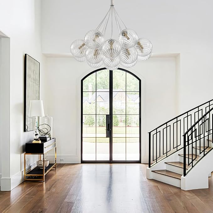 Modern Nickel Glass Bubble Chandelier: 23.6" Large Dining Room Light Fixture - Nordic Swirled Clear Glass Ball Chandelier - Globe Ball Chandeliers for Kitchen Living Room Bedroom Bathroom Entryway