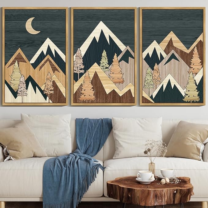 KUVIOKE Morden Mountains Framed Wall Art Boho Pine Tree Forest Nature Landscape Artwork Bohemain Farmhouse Rustic Home Decor 24x36in (Natural Framed)