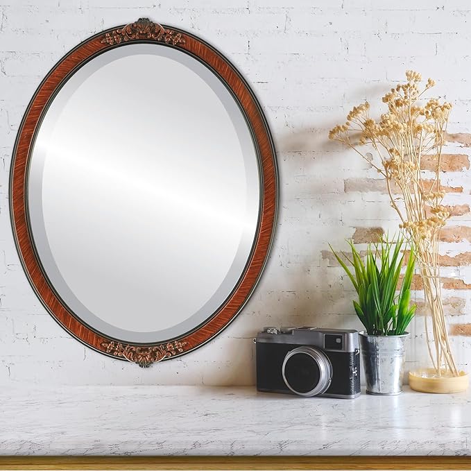 OVALCREST Oval Beveled Wall Mirror for Home Decor - Athena Style - Vintage Walnut - 26" x 22" Outside Dimensions
