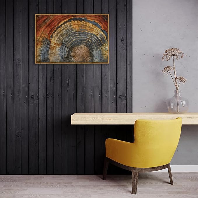 BingruiArt Framed Tree Ring Canvas Wall Art Red and Gold Abstract Wood Wall Decor Boho Modern Colorful Nature Prints Pictures Poster for Living Room Bedroom Bathroom Office 16"x24" Natural Framed(03)