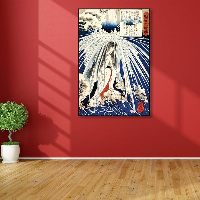 OKRA Utagawa Kuniyoshi Canvas Wall Art Hatsuhana Doing Penance Under The Tonosawa Waterfall Poses Poster Japanese Ukiyo-E Woodcut Art Animal Nature Landscape Poster Japanese Classic 16×24in/40×60cm