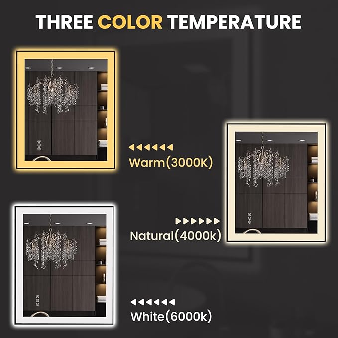 LOAAO 30"X36" LED Bathroom Mirror Black Framed, Anti-Fog, Dimmable, Lighted Bathroom Vanity Mirror for Wall, Memory Function, Tempered Glass