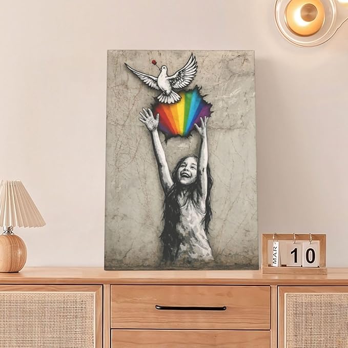 Banksy Street Graffiti Wall Art Rainbow Canvas Wall Decor Love And Peace Pictures Paintings Prints Artwork Framed Modern Decorations For Bedroom Bathroom Office Living Room Gifts 16" x 24"