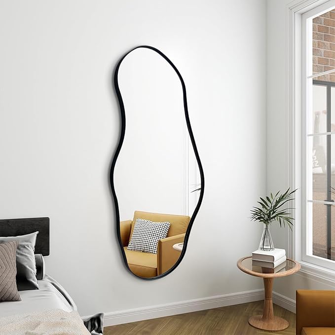 Black Irregular Mirror, 47"x20.5" Asymmetrical Mirrors, Abstract Wall Mirror Decorative, Modern Wavy Shaped Mirrors for Living Room Bathroom Bedroom Hallway Entryway Fireplace