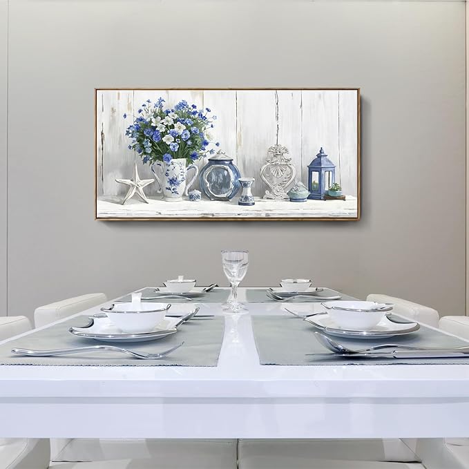 Nicetop Large Framed Artwork for Walls – Coastal Rustic Farmhouse Art Prints Blue and White Floral Canvas Art Vintage Country Shabby Chic Wall Picture for Living Room Bedroom Kitchen Dining 48x24 Inch