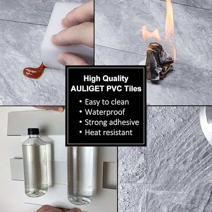 AULIGET 20-Piece Peel and Stick Backsplash Wall Tiles, 6" x 12" PVC Grey Marble Faux Stick on Tiles for Backsplash Kitchen, Bathroom, Laundry Room, Camper, Fireplace