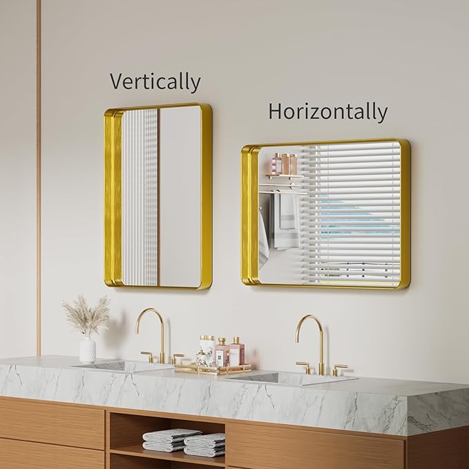 Koonmi Bathroom Mirror 22x30 Inch Wall Mounted Mirror Metal Deep Framed Rounded Corner Wall Mirror, Shatterproof Tempered Glass for Farmhouse Bedroom Vanity, Vertically or Horizontally, Gold