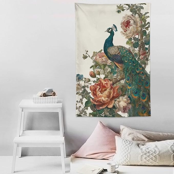 UUKXKUU Peacock Oriental Retro Blooming Flowers Tree Tapestry Flag Backdrop Wall Hanging Large Wall Art Decor for Dorm Office Bedroom Living Room 40"×60"