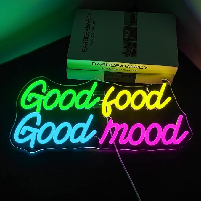 Looklight Good Food Good Mood Neon Sign Letter Neon Signs for Wall Decor Colorful Led Lights for Kitchen Fast Food Shop Cafe Restaurant Store Snack Shop Room Decorations Gifts