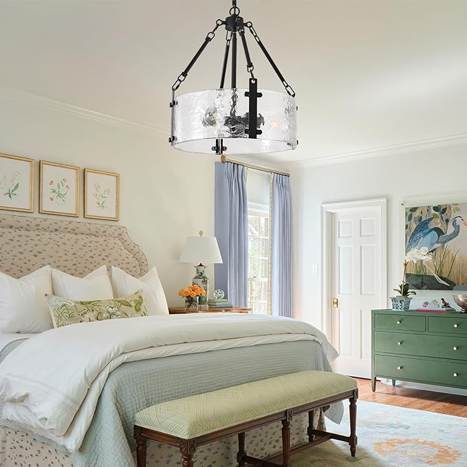 Black Dining Room Chandelier 16'' Modern Textured Glass Chandelier 3-Light Drum Crystal Light Fixture Vintage Farmhouse Round Hanging Lighting for Kitchen Island Over Table