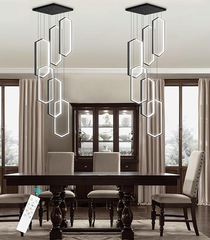 6 Rings Modern Chandelier LED Dimmable Pendant Lighting Adjust Flush Mount Ceiling Light for Foyer Lobby Living Room Staircaes Black