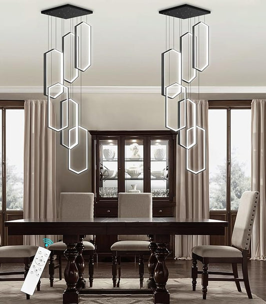 6 Rings Modern Chandelier LED Dimmable Pendant Lighting Adjust Flush Mount Ceiling Light for Foyer Lobby Living Room Staircaes Black