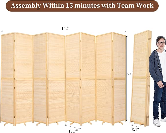 Bamboo Room Divider 8 Panel Wall Divider, 67'' H Folding Design with Extra Stable Base, 100% Bamboo Room Divider Screen for Room Separation Partitions Dividers Freestanding (Beige, 142‘’W x 67''H)