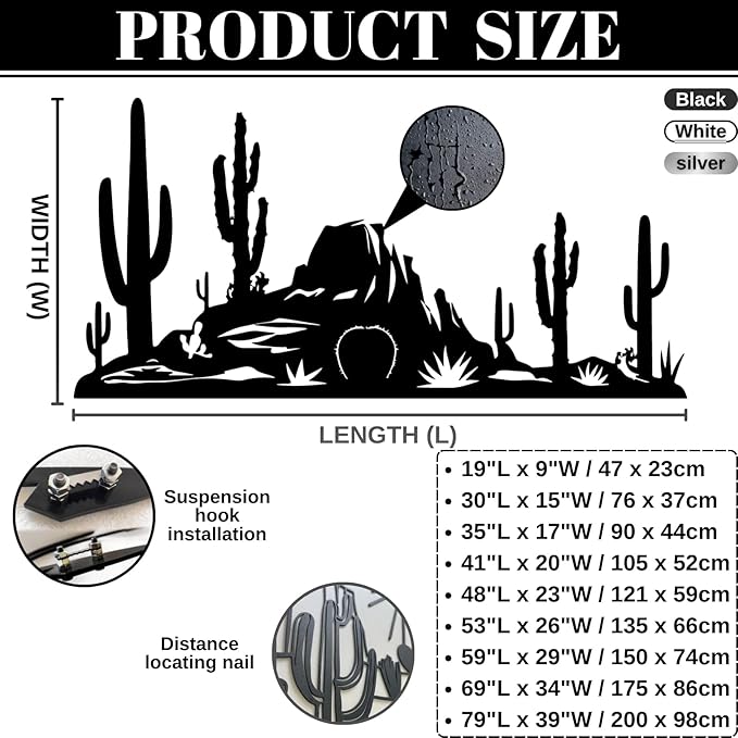 Metal Cactus Wall Decor,Southwestern Wall Art Metal,Metal Desert Wall Art,Metal Cactus Yard Art,Metal Cactus Outdoor Decor,Natural Themed Home Decor (black, 41 L" x 20 W" / 105 x 52 cm)