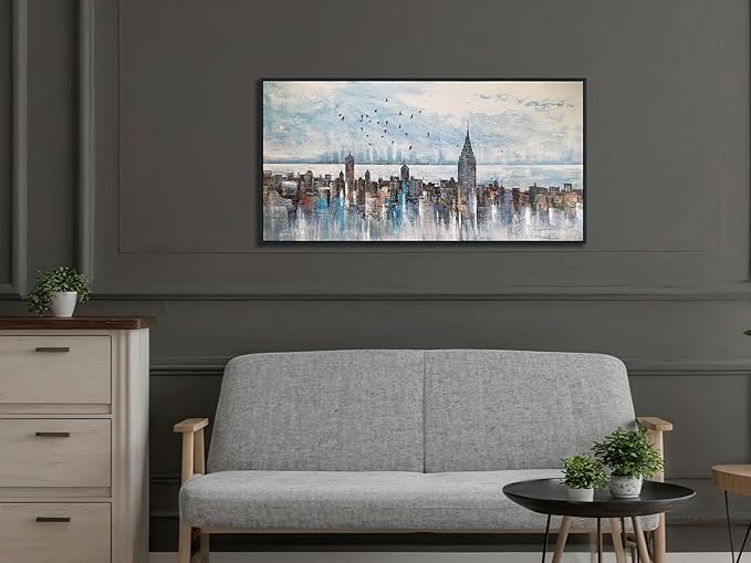Arjun Cityscape Wall Art New York City Buildings Picture Modern Abstract Grey Skyline Birds NYC Painting Artwork for Bedroom Living Room Bathroom Home Office Decor, Large Size Black Framed 40"x20"