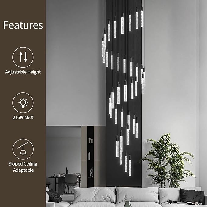 36-Light Modern Living Room Chandelier Black Crystal Ceiling Pendant Lights LED Dimmable 216W 6000K Staircase Large Chandeliers for Entryway Lobby Foyer High Ceiling Chandeliers
