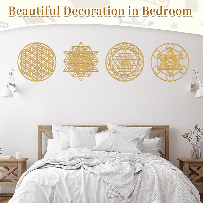 Leinuosen 4 Pcs 12 Inch Crystal Grid Board Sacred Geometric Wall Art Set Metatron Cube, Flower of Life, Sri Yantra, 64 Star Tetrahedron Pagan Decor Home Wall Decor for Room(Gold)