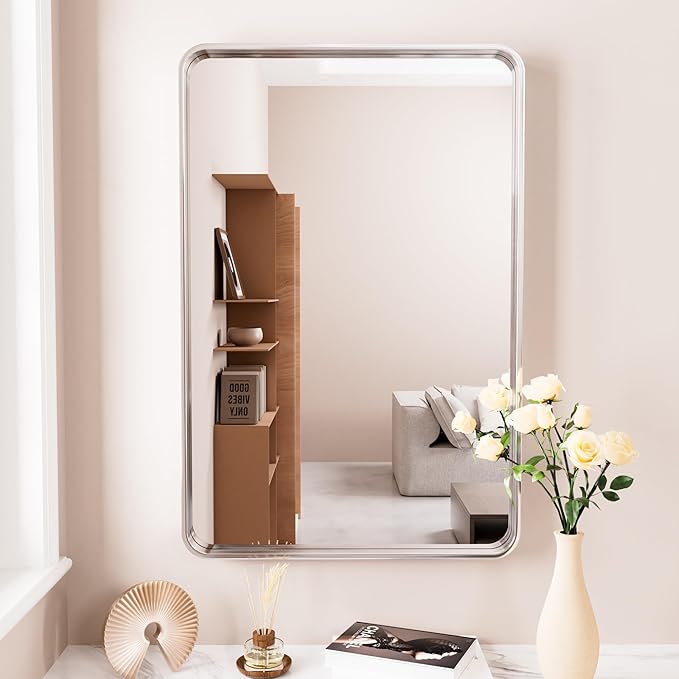 Brushed Nickel Bathroom Mirror 24x36 Inch, Brushed Silver Metal Frame Mirror Wall Mounted, Rounded Rectangle Bathroom Vanity Mirror, Tempered Glass, Anti-Rust, Horizontal/Vertical