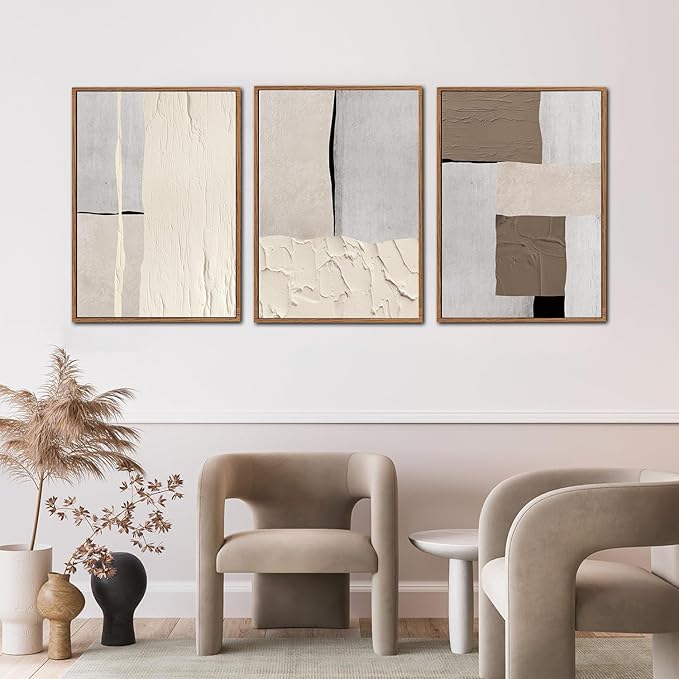 LHIUEM Abstract Neutral Framed Canvas Wall Art Set of 3(12”X16”) Mid Century Beige Textured Wall Decor Brown Wall Art Wood Framed Photography Gray Pictures Above Couch for Living Room Bedroom Office