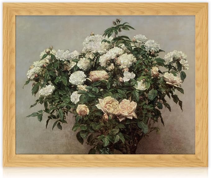 Brivoria Framed Canvas Wall Art Vintage Decor, Realistic Botanical Rose Tree Artwork with Blooming White Flowers and Green Leaves for Living Room Statement Wall or Gallery Display, 16"x20"
