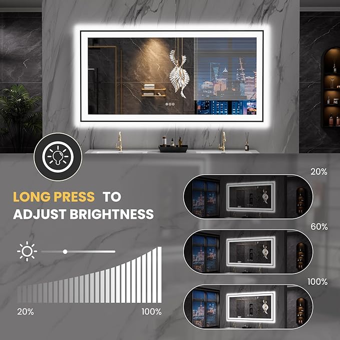 LOAAO 60"X30" LED Bathroom Mirror Black Framed, Anti-Fog, Dimmable, Lighted Bathroom Vanity Mirror for Wall, Memory Function, Tempered Glass