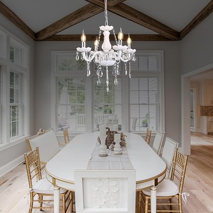 MALOSA 4 Light White Crystal Chandelier,Small Chandelier,Morden Mini Chandelier for Bedroom,Dining Room,Wedding Decoration,Girls Room.