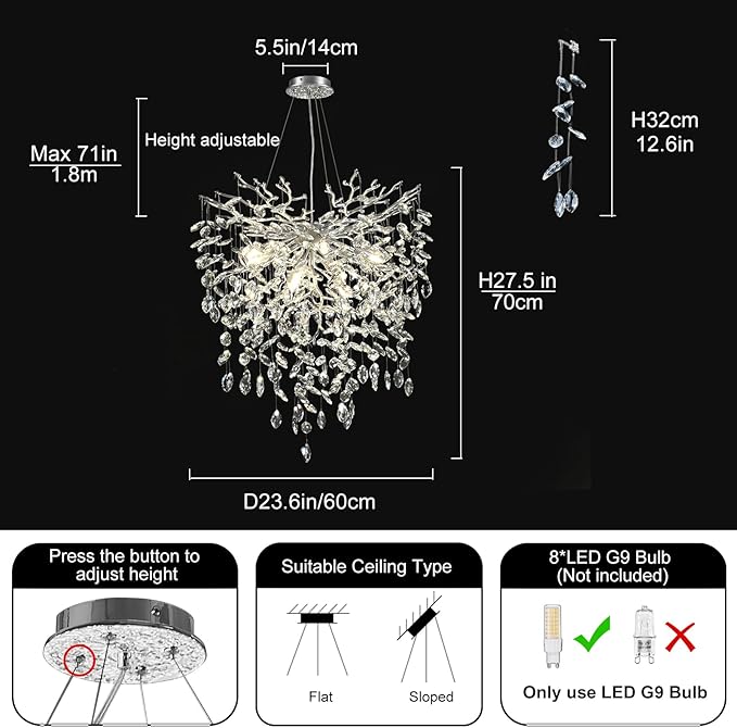 24 in Crystal Chandelier for Dining Room, Round Silver Tree Branches Chandeliers, Top K9 Crystal Chandelier, Modern Chandeliers for Kitchen,Foyer Entryway,Luxury Adjustable Hanging Chandeliers