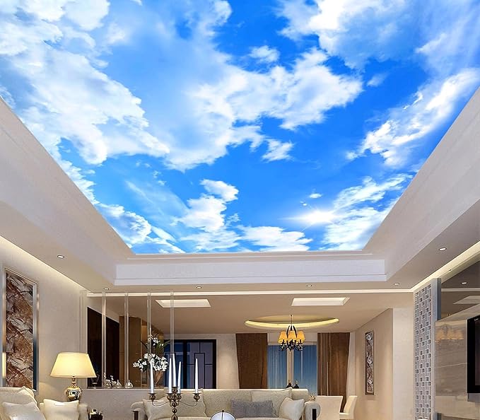 Blue Sky and White Clouds Suspended Ceiling Wall Mural Wallpaper for Bedroom 137" x 100"