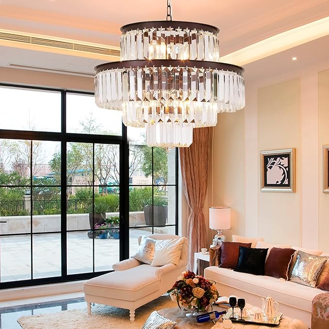 20" Black Crystal Chandelier, Modern 4-Tier Ceiling Light with Clear Crystal Prisms, Luxury Pendant Lighting for Dining Room Entryway