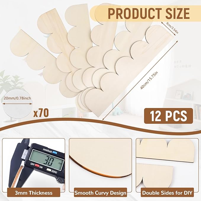 12Pcs Unfinished Scalloped Decorative Wood Trim with Glue Dots, 15.75" x 3.54" Scalloped Wooden Edging Trim Cute DIY Moulding Trim for Home Wall Cabinet Window Door Decor, Interior & Exterior Use