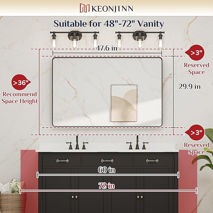 Keonjinn Black Bathroom Mirrors for Over Sink, 48” x 30” Large Rounded Rectangle Bathroom Vanity Mirror, Matte Black Modern Decorative Wall Mirror, Anti-Rust, HD Tempered Glass(Horizontal/Vertical)