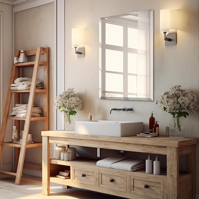 Mirrorons Beveled Mirror, 24" x 36" Frameless Rectangle Bathroom Vanity Mirror with Beveled Edge, Hangs Horizontally or Vertically. Upgraded Shatterproof