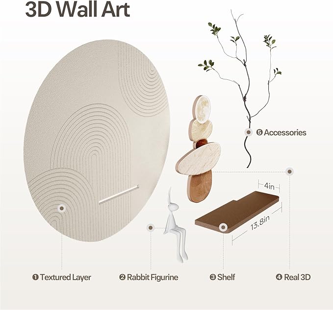 3D Textured Neutral Abstract Wall Art Decor With Shelf, Boho Beige and Brown Artwork for Walls With Green Accent, Modern Minimalist Wall Decor for Living Room, Hallway, Kitchen, Bedroom, Office, 24x24