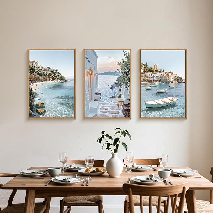 Natural Coastal Ocean Framed Canvas Wall Art Set,Modern Whitewashed Architecture Scenery Wall Decor, Mediterranean Beach Boat Landscape Artwork for Living Room, Bedroom,Farmhouse- 24"x36"x3