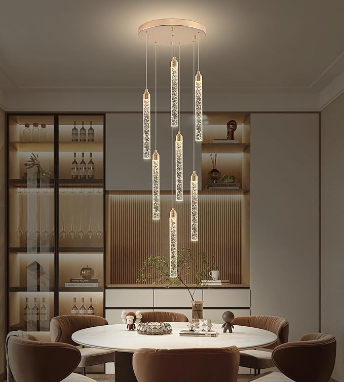 7-Light High Ceiling Crystal Staircase Chandelier Gold, Modern Spiral Raindrop Dimmable LED Bubble Cluster Ceiling Hanging Lighting Fixture for Foyer Living Room Entrance Remote Control