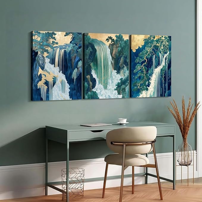 Framed Japanese Waterfall Canvas Wall Art Japanese Style Triptych Painting Nature Scenery Poster Print Oriental Gallery Style Decorative Painting Living Room Bedroom 12×16 Inch Ready to Hang