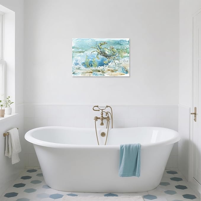 Nautical Wall Decor Green Crab Canvas Painting Ocean Bathroom Decor Sea Grass Coastal Wall Art Beach Decorations for Bedroom Livingroom Home 24x16Inch