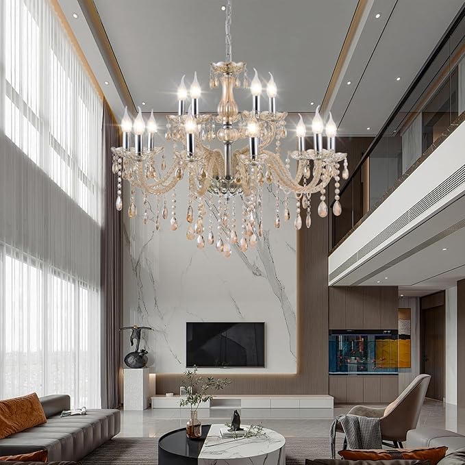 MALOSA Luxury Cognac Large Crystal Chandeliers for Dining Room,Living Room,Bedroom 30.7" 15 Lights