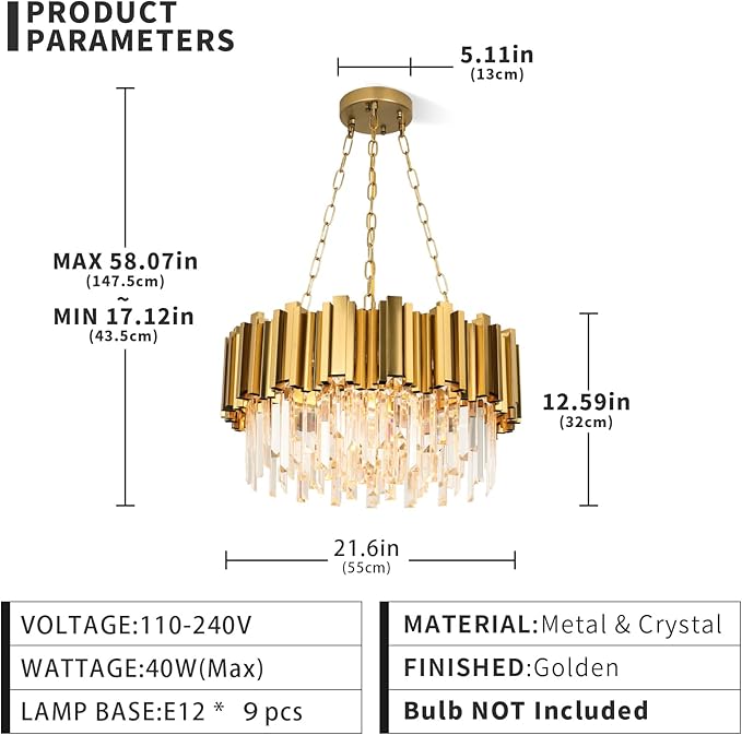 Modern Chandeliers Crystal with Light Gold Crystal Chandelier Hanging Ceiling Light Fixture 9 Lights Chandelier Modern Crystal Round Pendant Light Fixture Dining Room Living Room Bedroom W22in