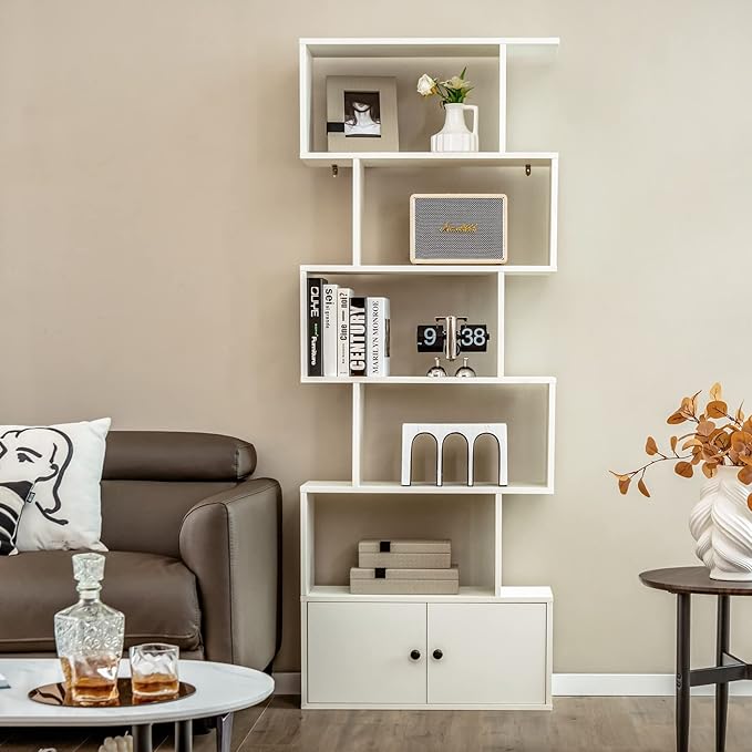 6-Tier Geometric Bookcase, 72” Freestanding Room Divider Bookshelf with Open Display Shelves & Multi-use Storage Cabinet, Wood S-Shaped Storage Organizer for Living Room, Bedroom & Home Office